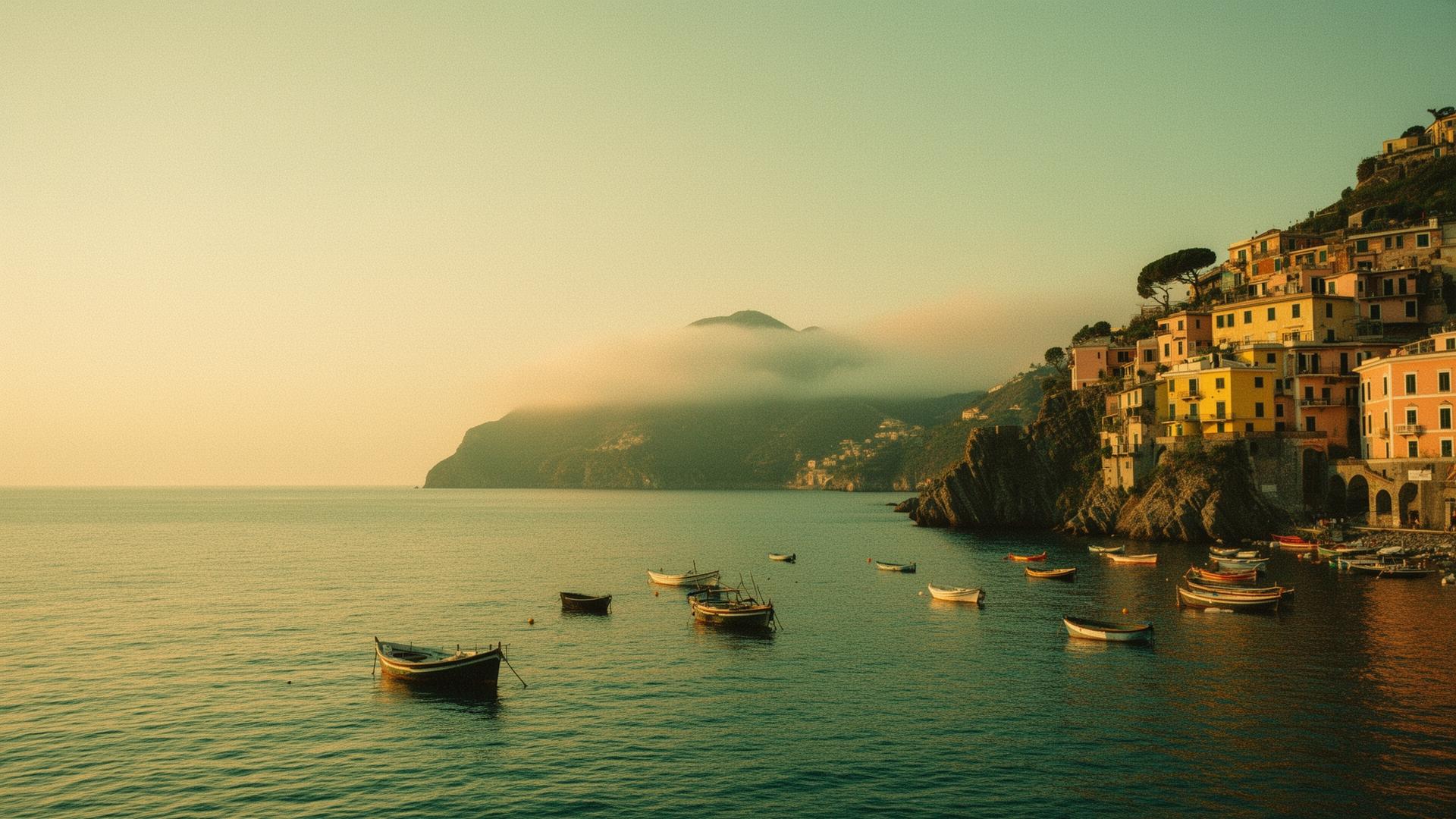Il Golfo dei Poeti al tramonto, barche all'ancora e borgo affacciato sul mare