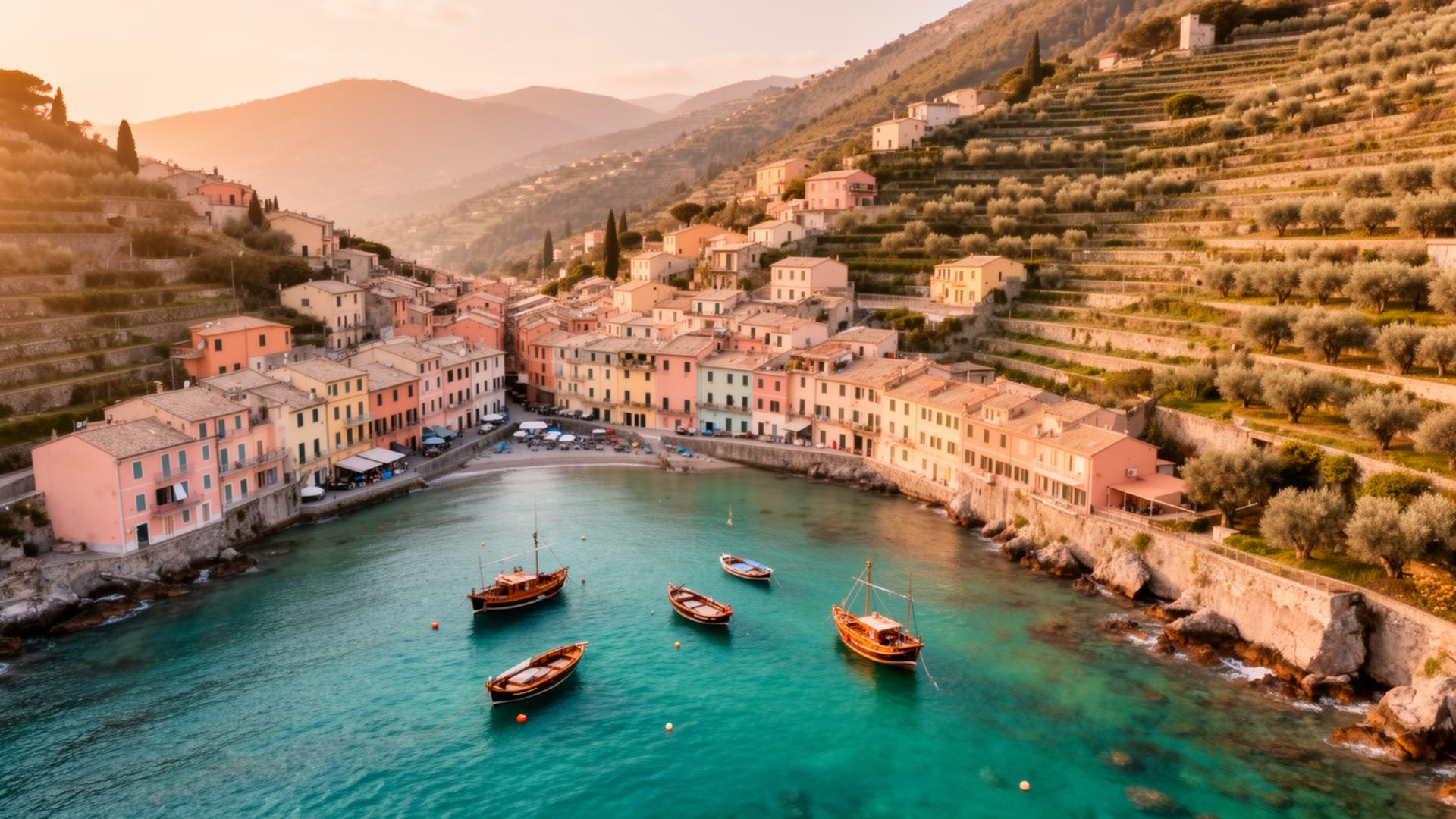 Il Golfo dei Poeti al tramonto, vista dal mare verso Lerici e Portovenere